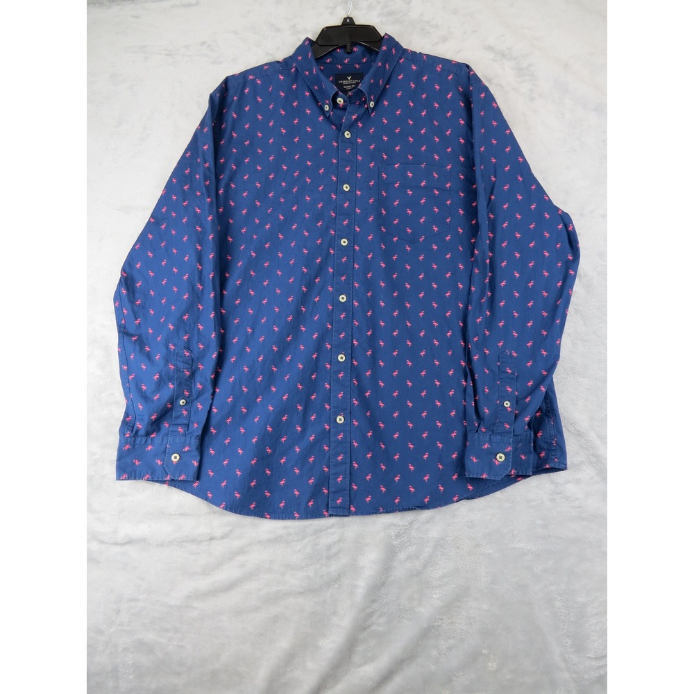 American Eagle Flamingo Shirt XXL Blue Pink Preppy Coastal Cotton